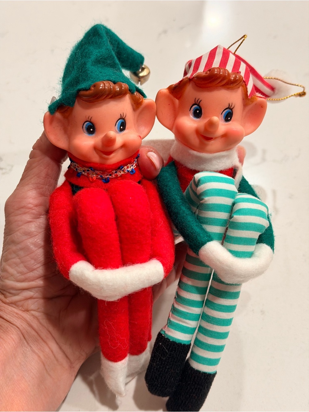 Vintage Festive Elf Knee Hugger Duo — Red & Green Holiday Elves
